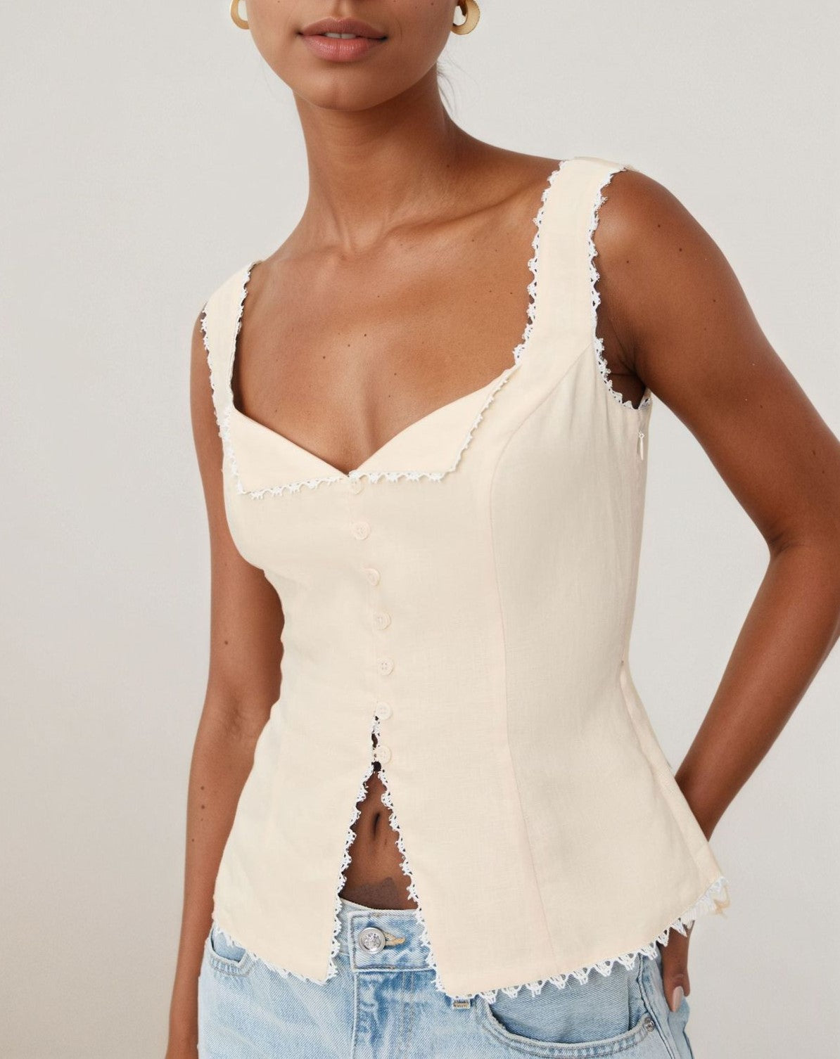 Sweetheart Lace Trim Button Front Tank
