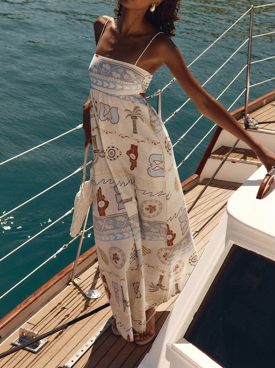 Nautical Print Smocked Maxi Cami Dress - White - 1