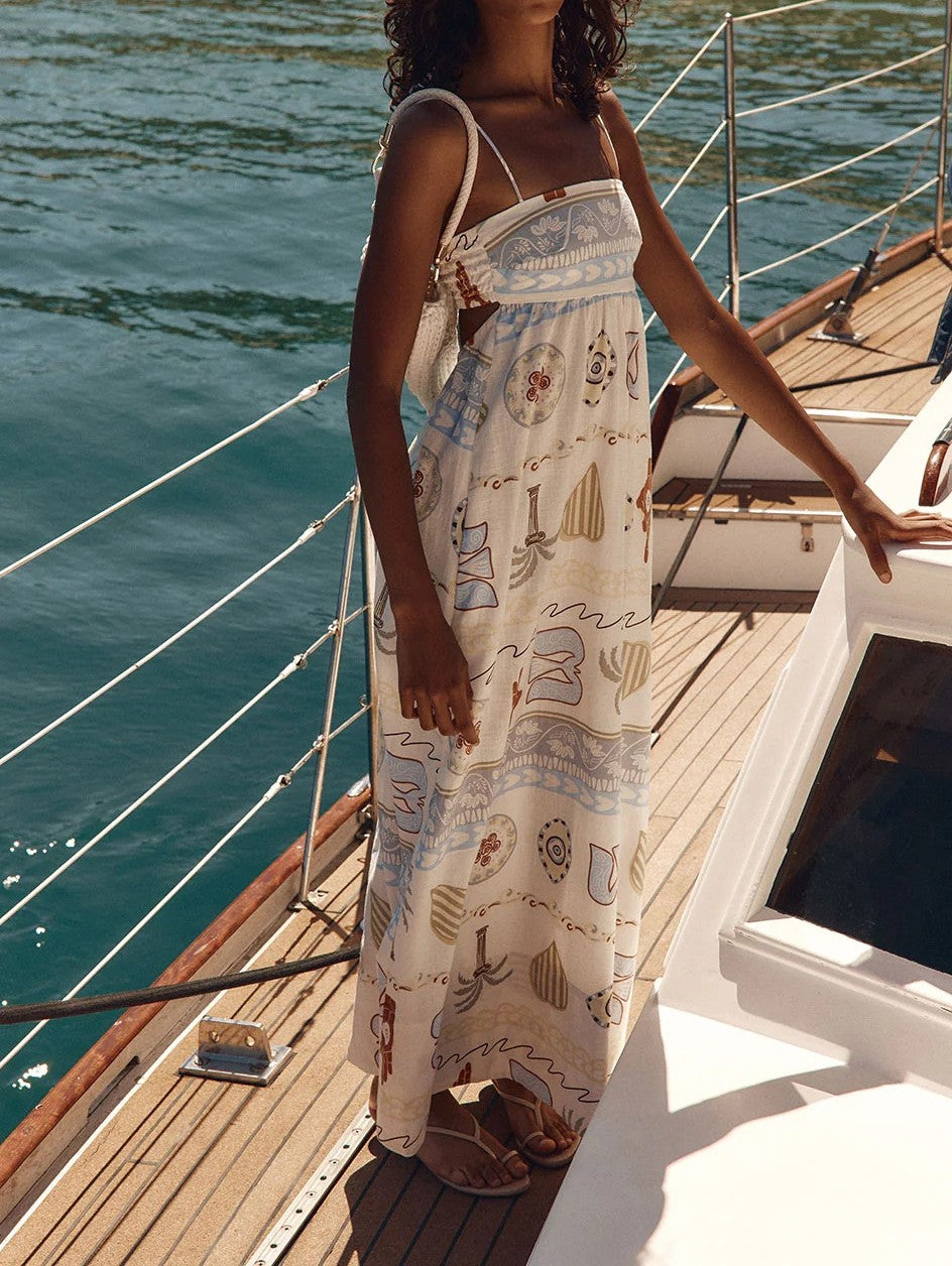 Nautical Print Smocked Maxi Cami Dress - White - 2