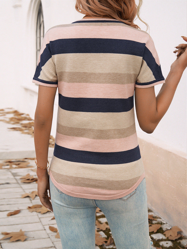 Color Block Stripe V Neck Tee - Apricot - 4
