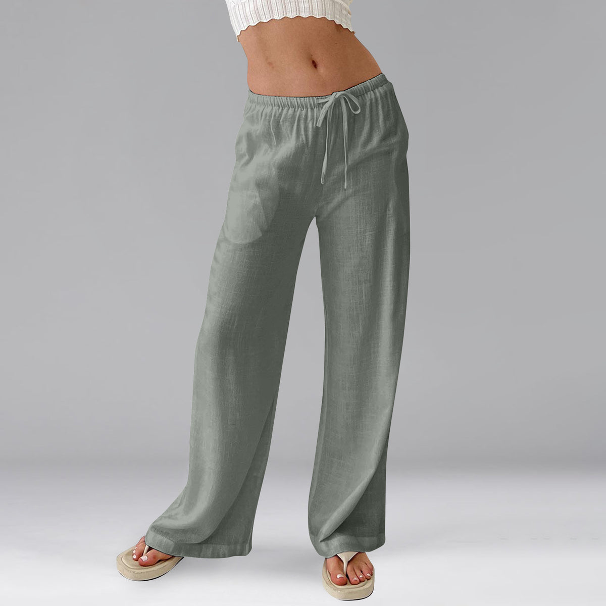 Side Pocket Drawstring Wide Leg Trousers - Bean