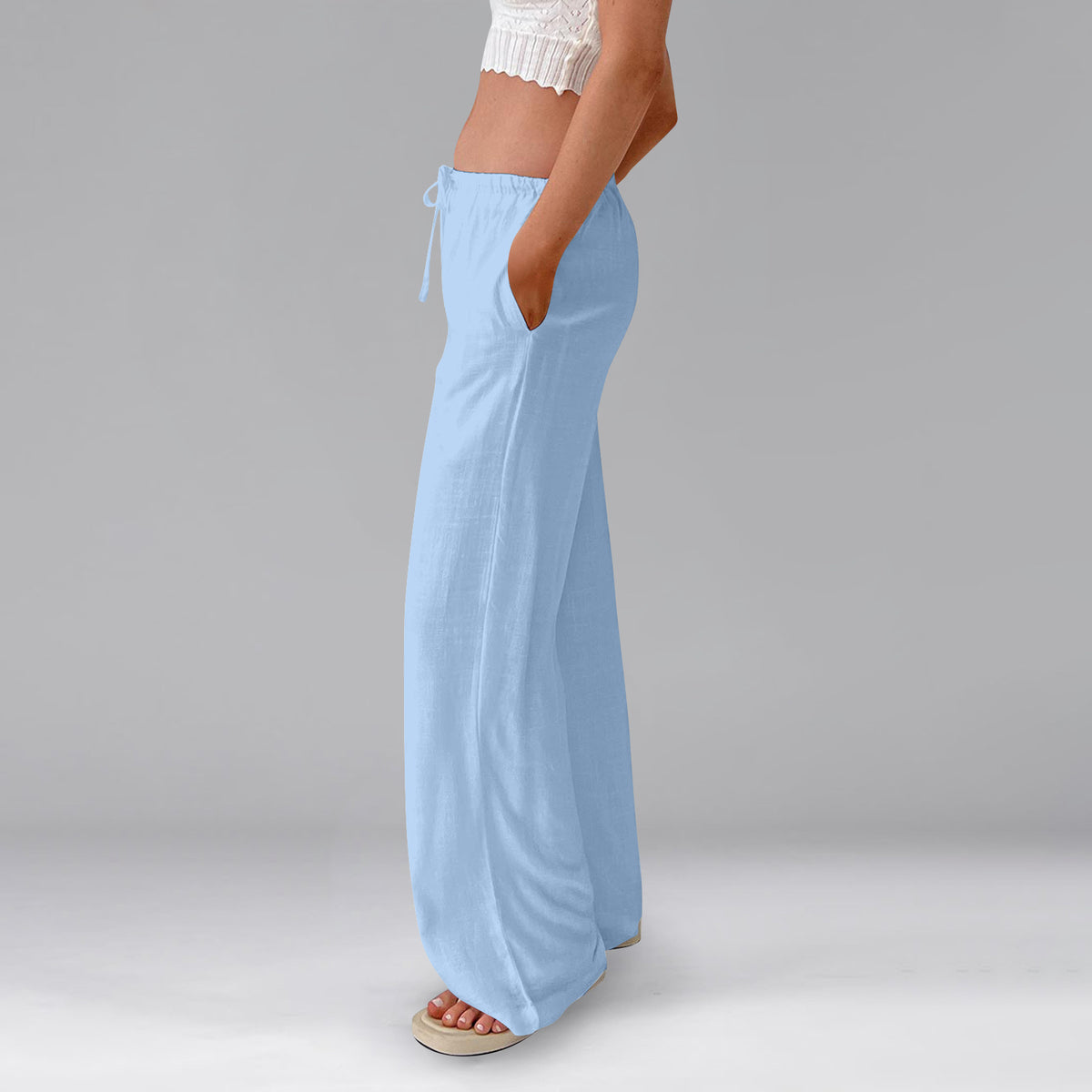 Side Pocket Drawstring Wide Leg Trousers - SkyBlue - 1