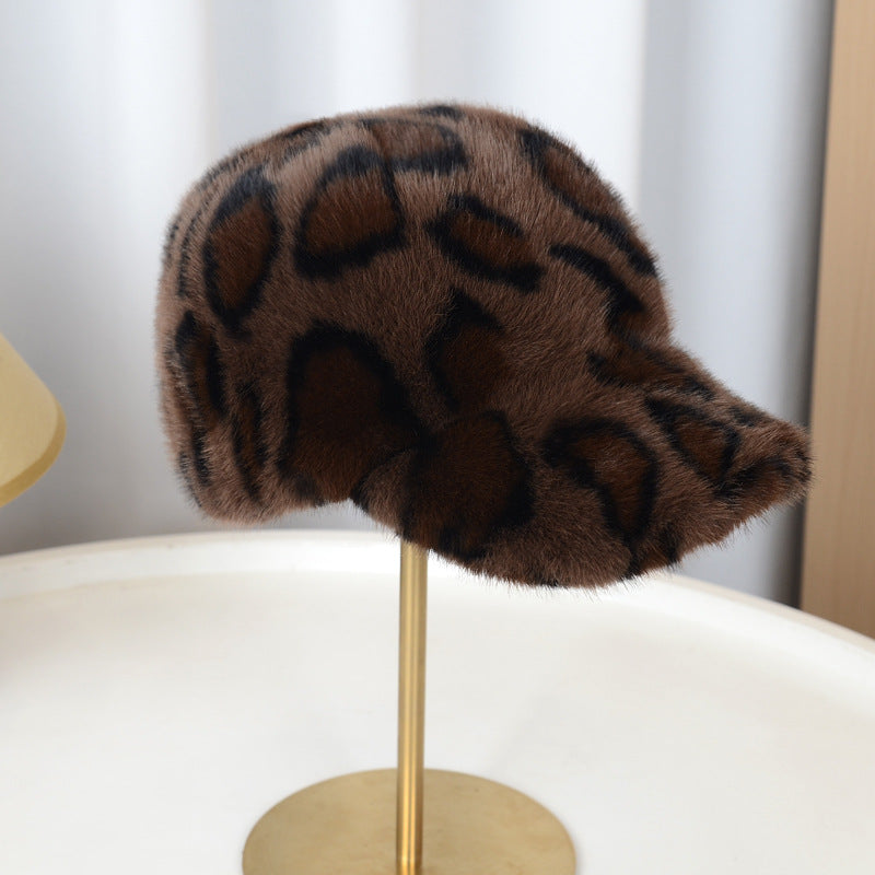 Fuzzy Leopard Winter Baseball Cap with Adjustable Back - Coffee
