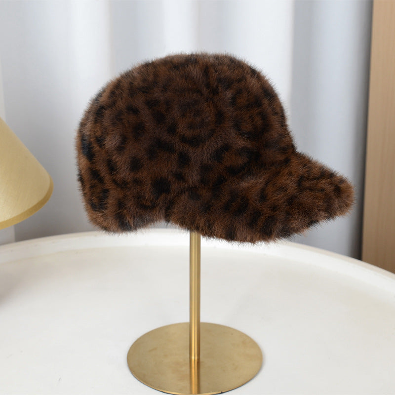 Fuzzy Leopard Winter Baseball Cap with Adjustable Back - DCoffee