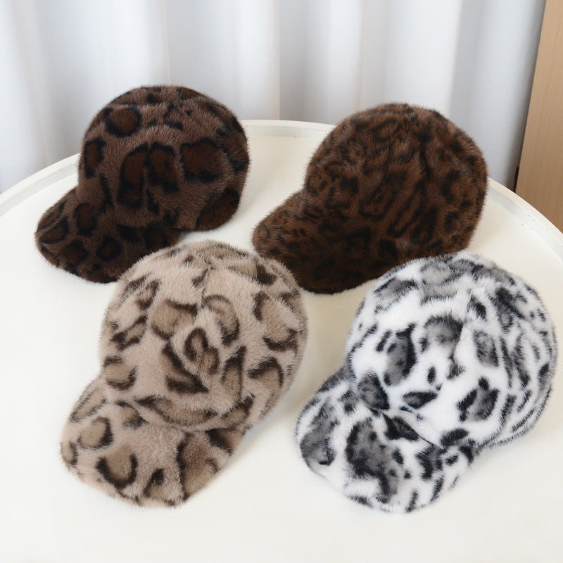 Fuzzy Leopard Winter Baseball Cap with Adjustable Back - Khaki - 1
