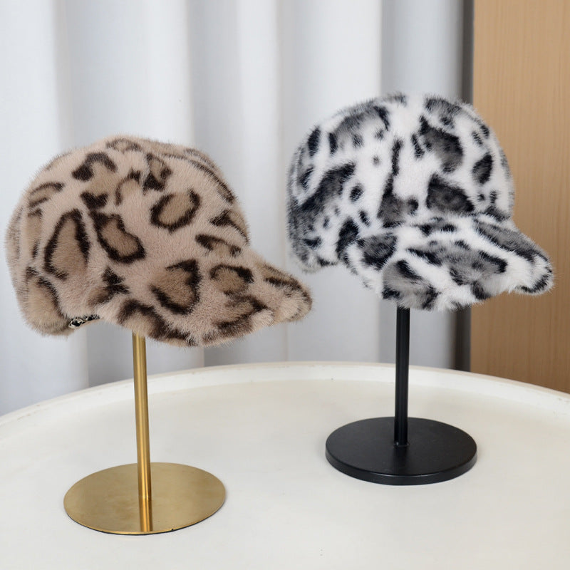 Fuzzy Leopard Winter Baseball Cap with Adjustable Back - Khaki - 2