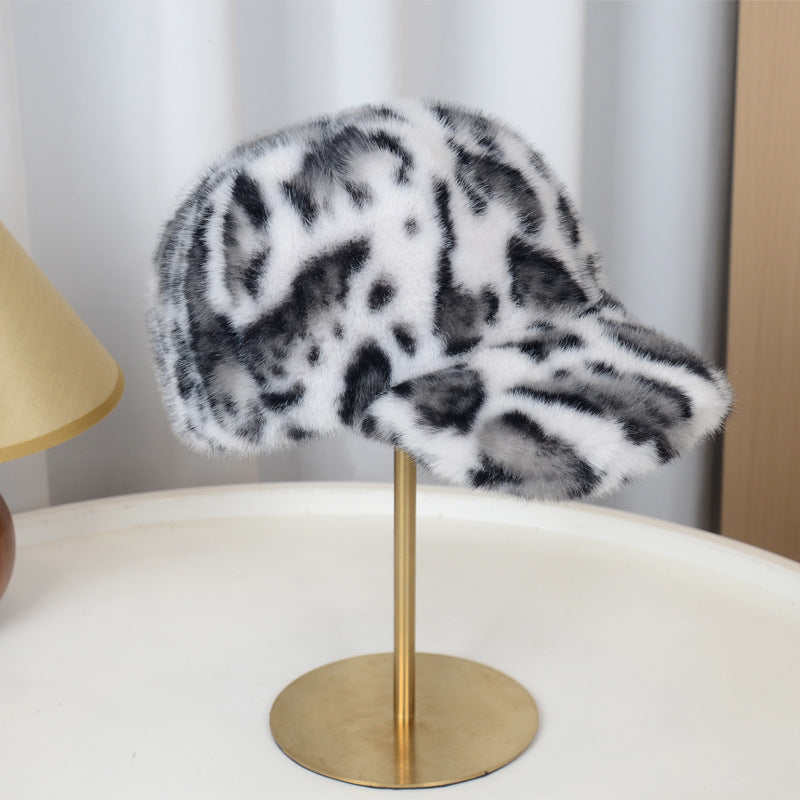 Fuzzy Leopard Winter Baseball Cap with Adjustable Back - White - 1