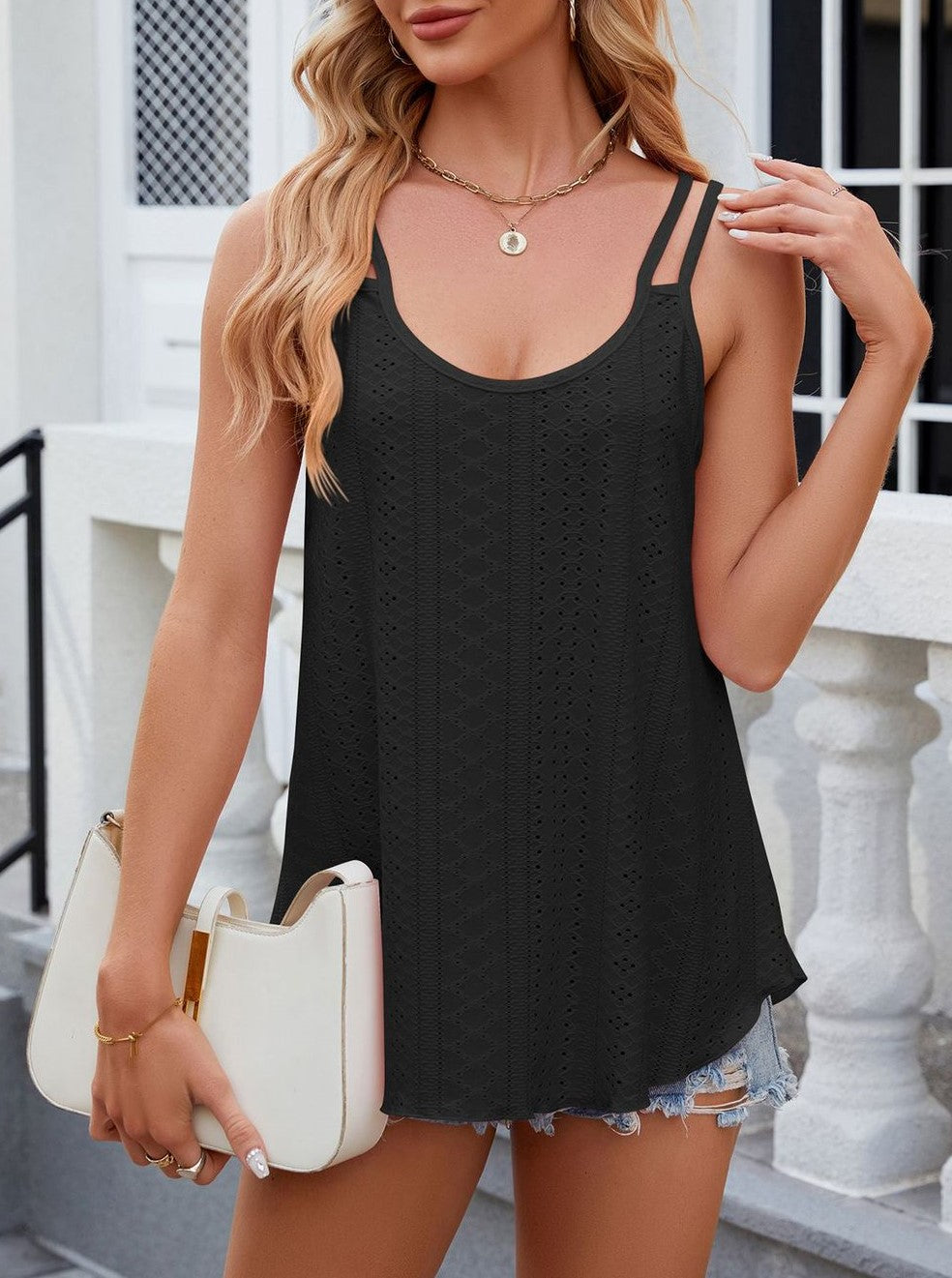 Double Strap Eyelet Swing Camisole - Black