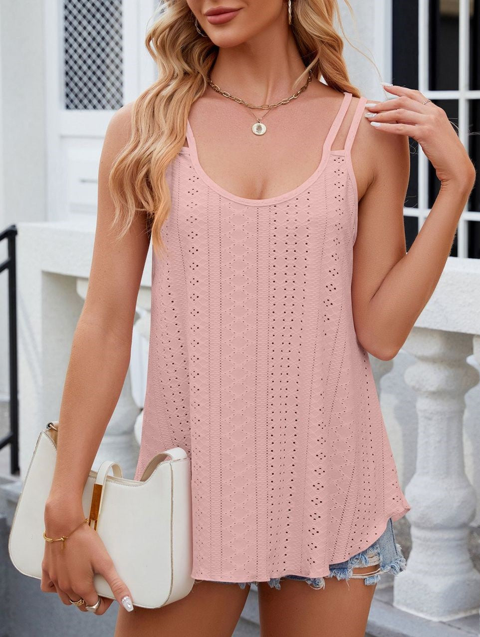 Double Strap Eyelet Swing Camisole - Darkpink - 1