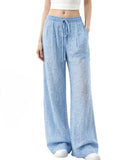 Sky Blue Openwork Lace Drawstring Wide Leg Pants - Sky_Blue