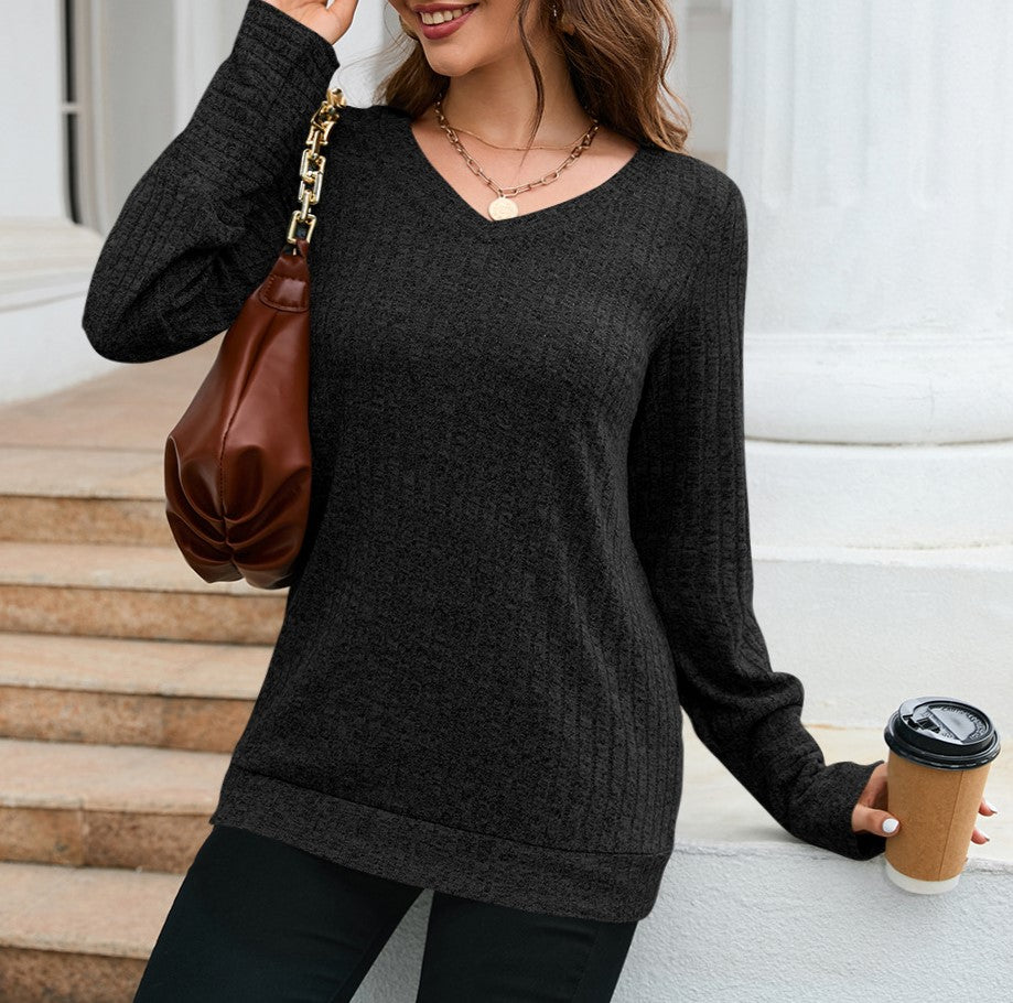 Brushed Rib Knit V Neck Tunic Top - Black - 1