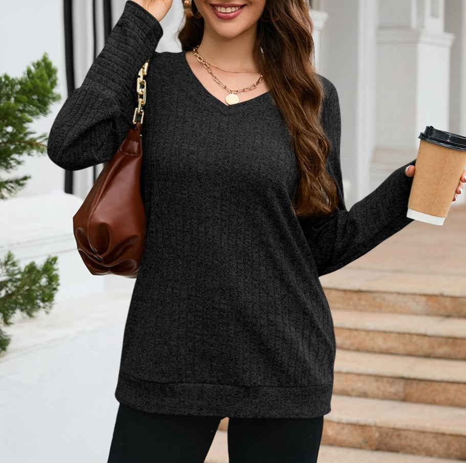Brushed Rib Knit V Neck Tunic Top - Black - 2