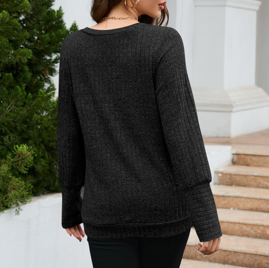 Brushed Rib Knit V Neck Tunic Top - Black - 3