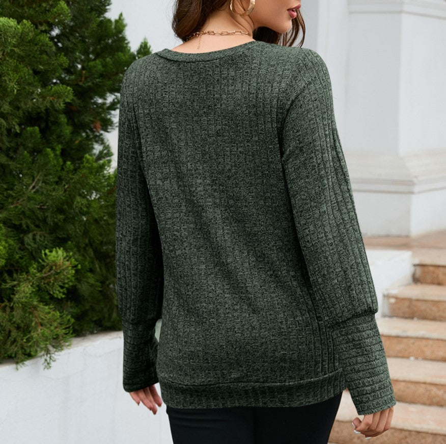 Brushed Rib Knit V Neck Tunic Top - Green - 2