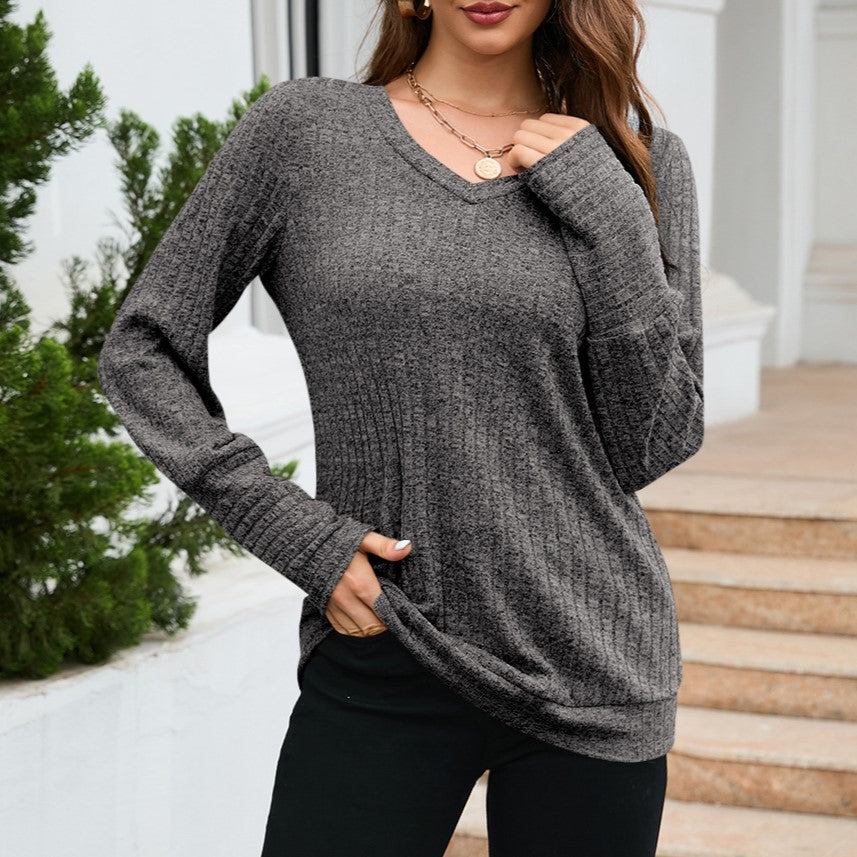 Brushed Rib Knit V Neck Tunic Top - Grey