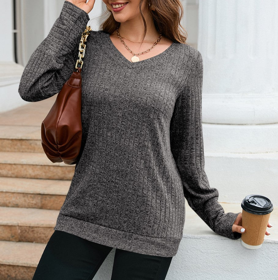 Brushed Rib Knit V Neck Tunic Top - Grey - 1