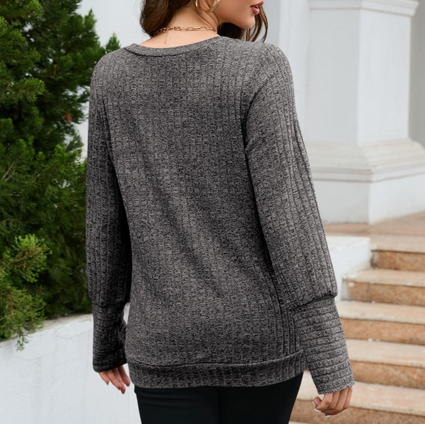 Brushed Rib Knit V Neck Tunic Top - Grey - 3