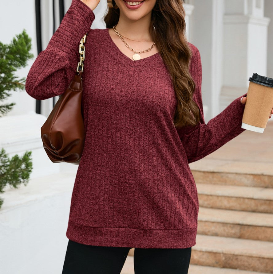 Brushed Rib Knit V Neck Tunic Top - Red - 1
