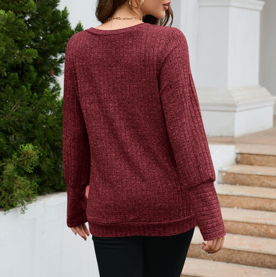 Brushed Rib Knit V Neck Tunic Top - Red - 2