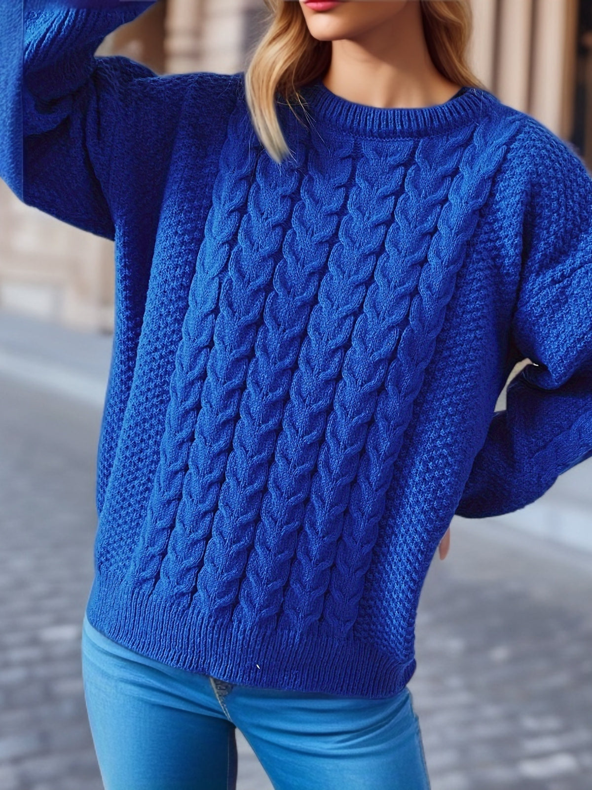Cable Knit Crew Neck Oversized Pullover Sweater - Blue - 1