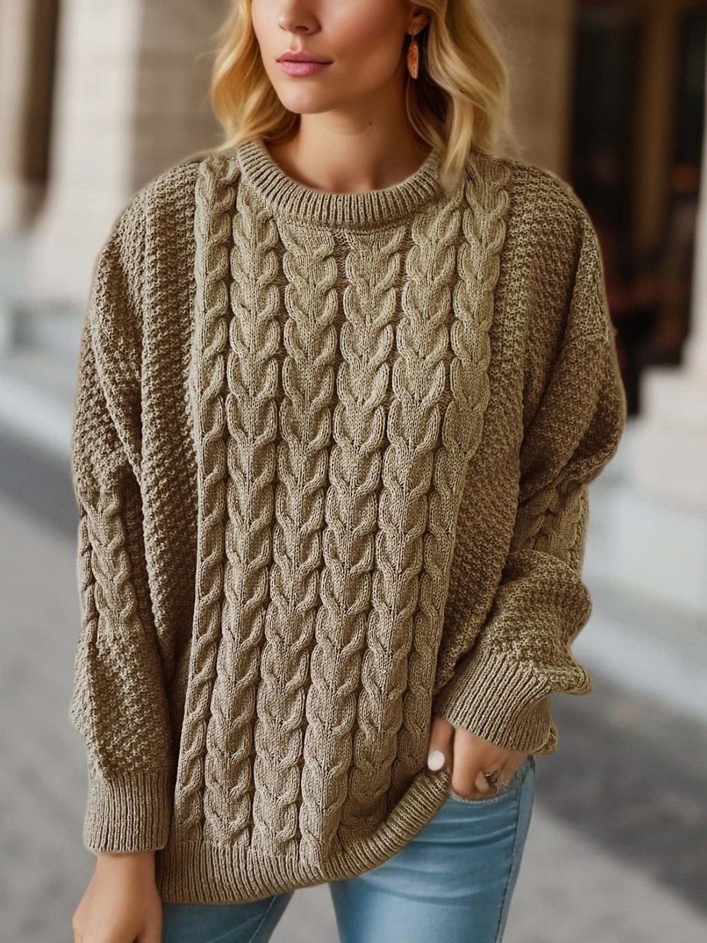 Cable Knit Crew Neck Oversized Pullover Sweater - Khaki