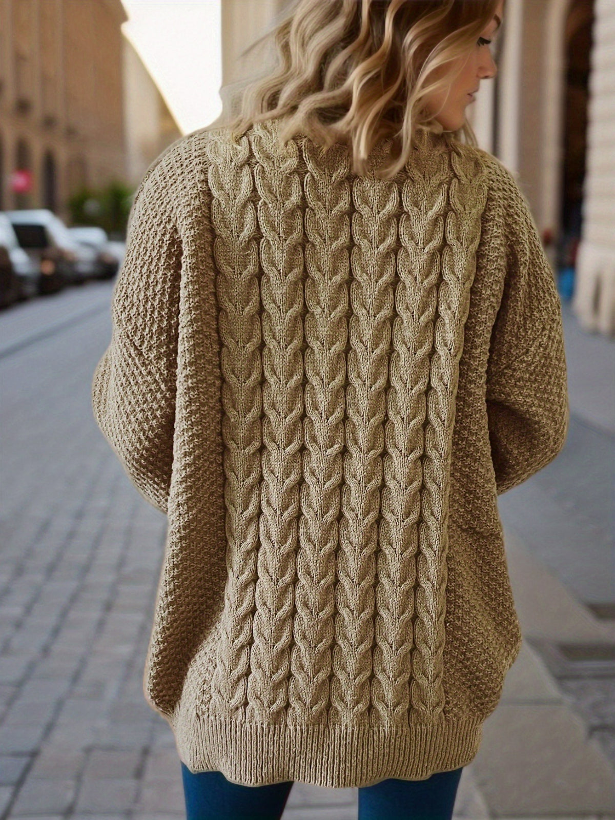 Cable Knit Crew Neck Oversized Pullover Sweater - Khaki - 1