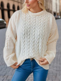 Cable Knit Crew Neck Oversized Pullover Sweater - White
