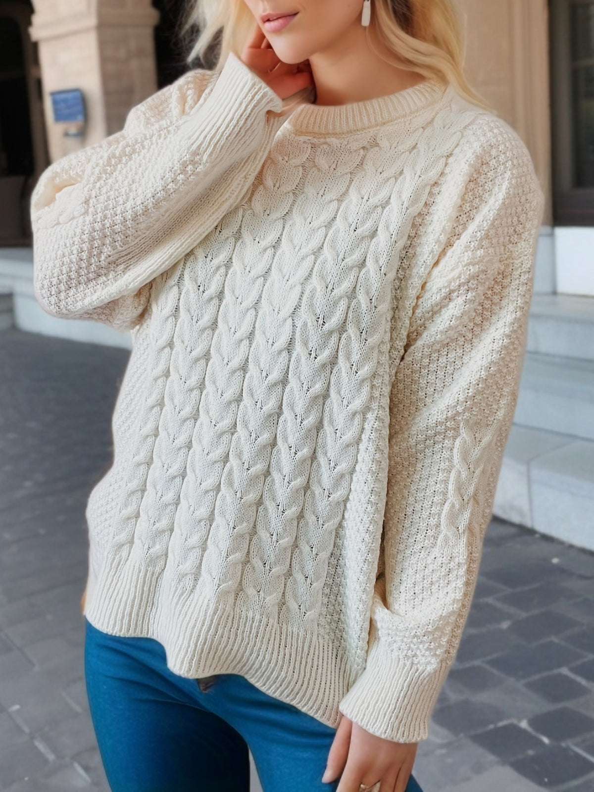 Cable Knit Crew Neck Oversized Pullover Sweater - White - 1