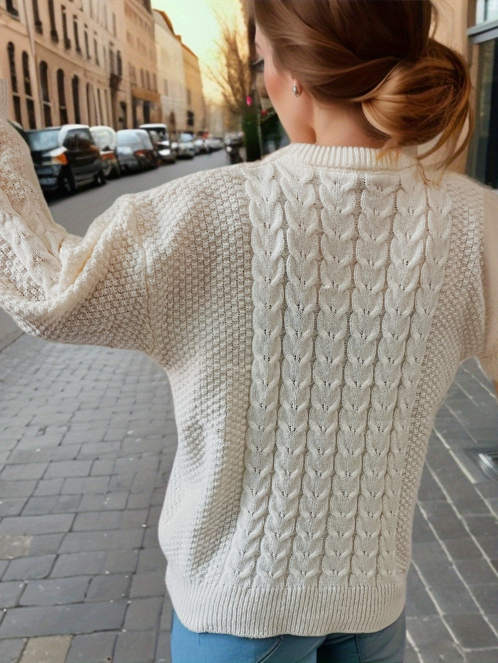 Cable Knit Crew Neck Oversized Pullover Sweater - White - 2