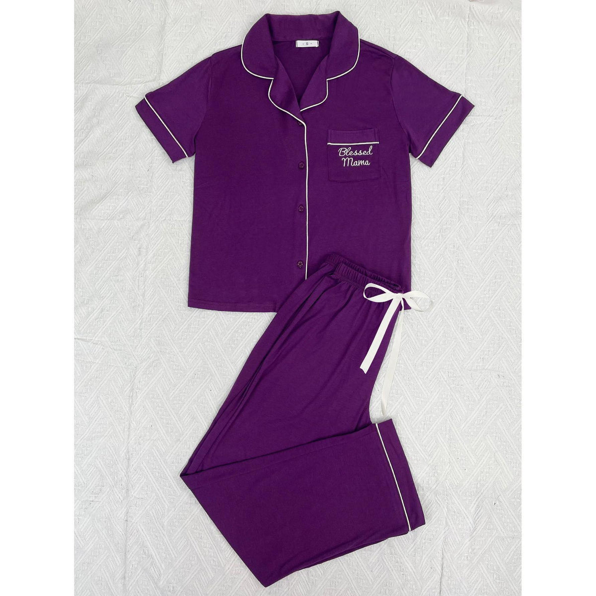 Piped Short Sleeve Shirt And Pants Pajama Set - Purple