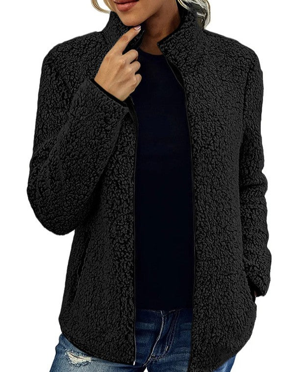 Sherpa Fleece Stand Collar Zip Up Coat - Black