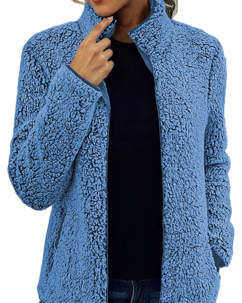 Sherpa Fleece Stand Collar Zip Up Coat - Blue