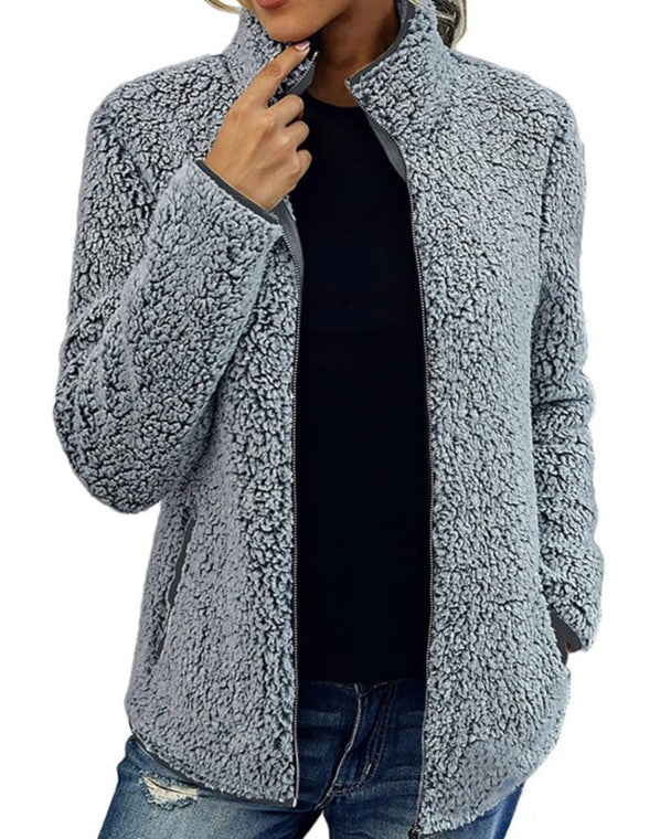 Sherpa Fleece Stand Collar Zip Up Coat - Gray