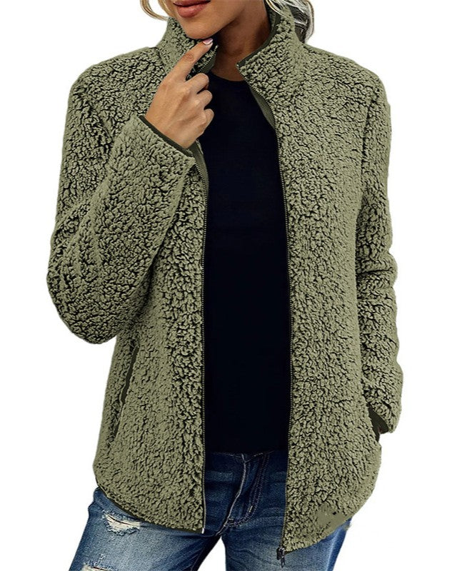 Sherpa Fleece Stand Collar Zip Up Coat - Green