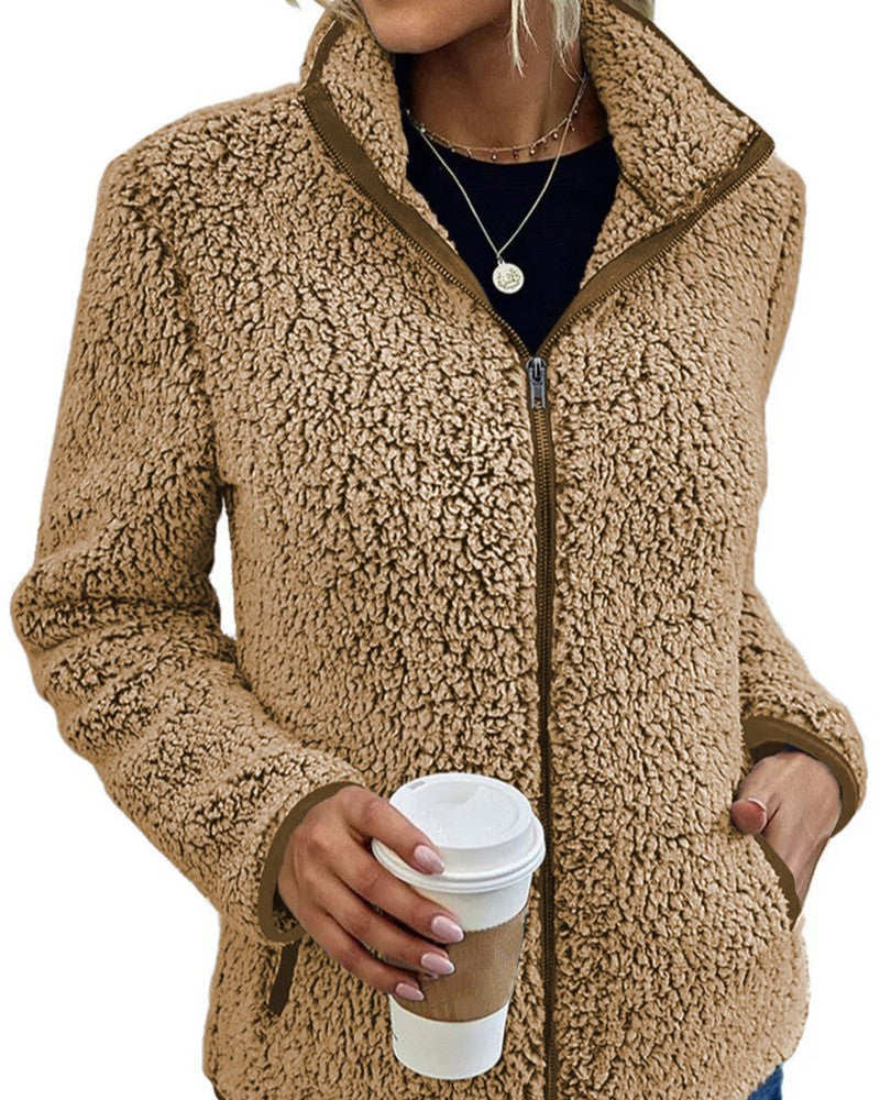 Sherpa Fleece Stand Collar Zip Up Coat - Khaki