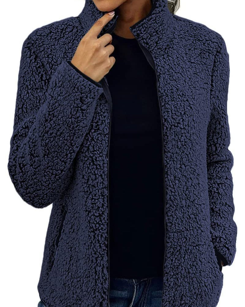 Sherpa Fleece Stand Collar Zip Up Coat - Navy-Blue