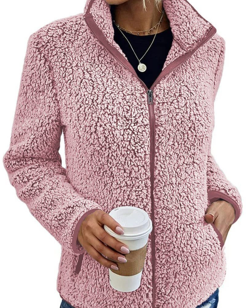 Sherpa Fleece Stand Collar Zip Up Coat - Pink