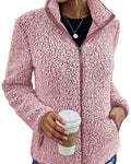 Sherpa Fleece Stand Collar Zip Up Coat - Pink