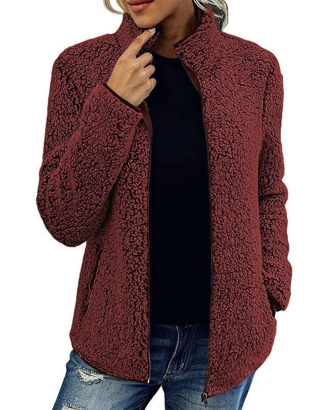 Sherpa Fleece Stand Collar Zip Up Coat - Wine-Red