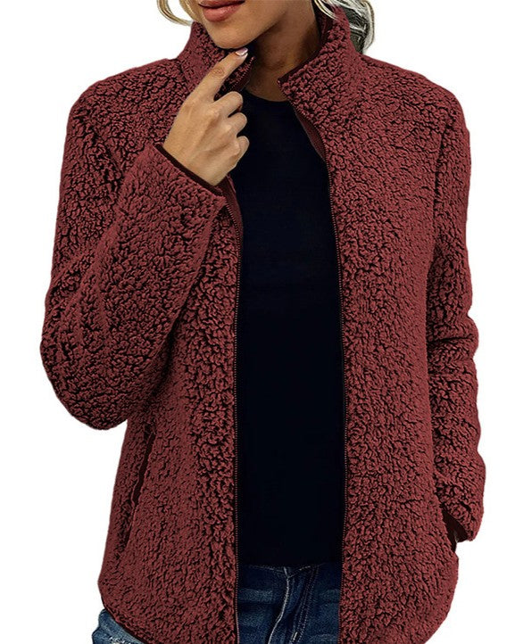 Sherpa Fleece Stand Collar Zip Up Coat - Wine-Red - 1
