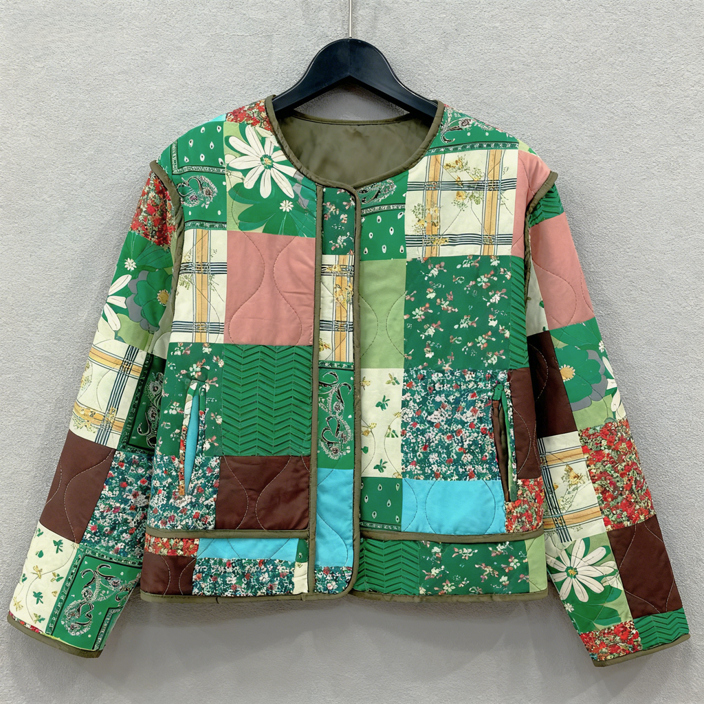 Floral Patchwork Quilted Cropped Jacket - Green