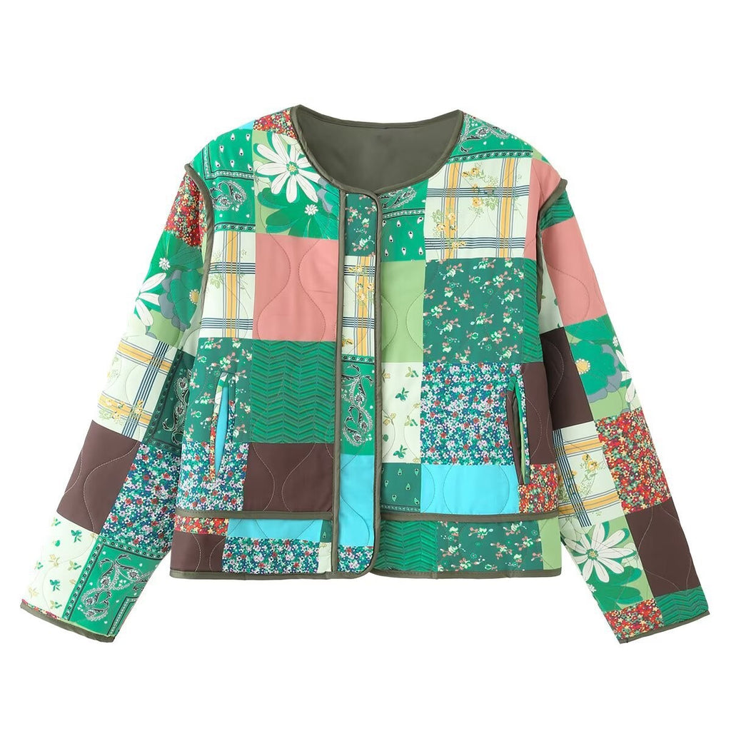 Floral Patchwork Quilted Cropped Jacket - Green - 1