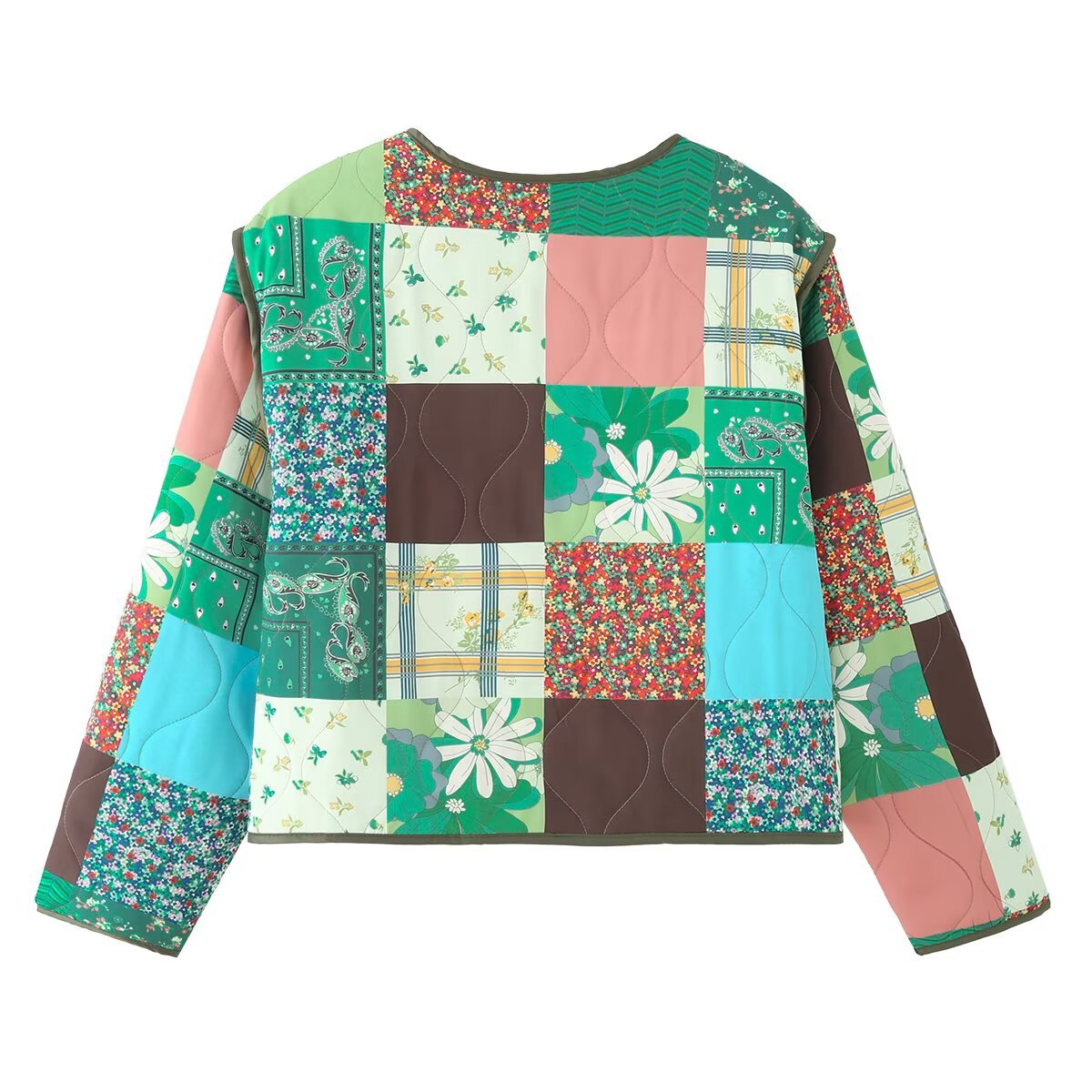 Floral Patchwork Quilted Cropped Jacket - Green - 2