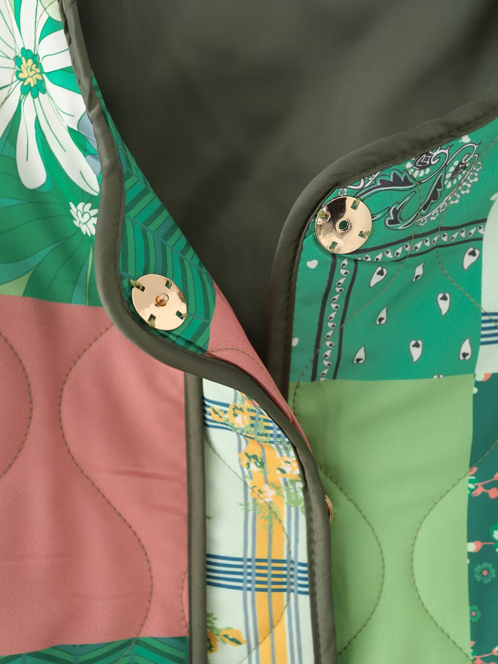 Floral Patchwork Quilted Cropped Jacket - Green - 4