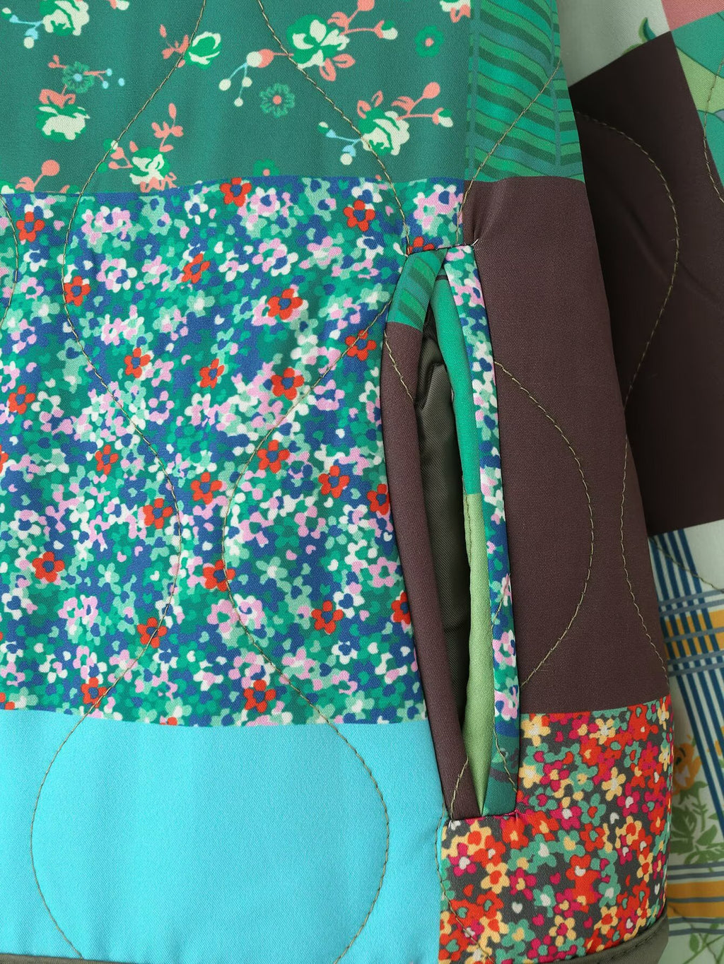Floral Patchwork Quilted Cropped Jacket - Green - 5