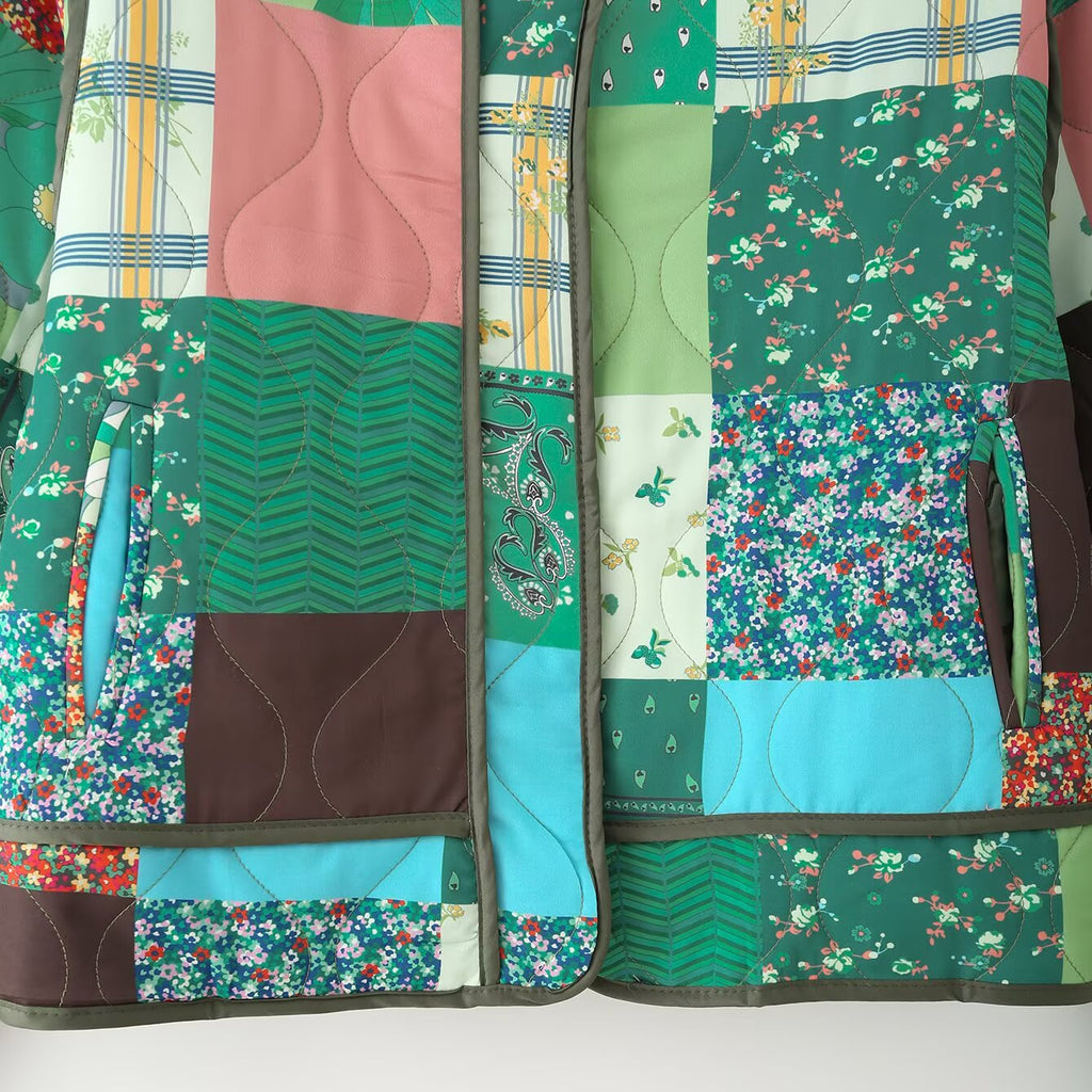 Floral Patchwork Quilted Cropped Jacket - Green - 7