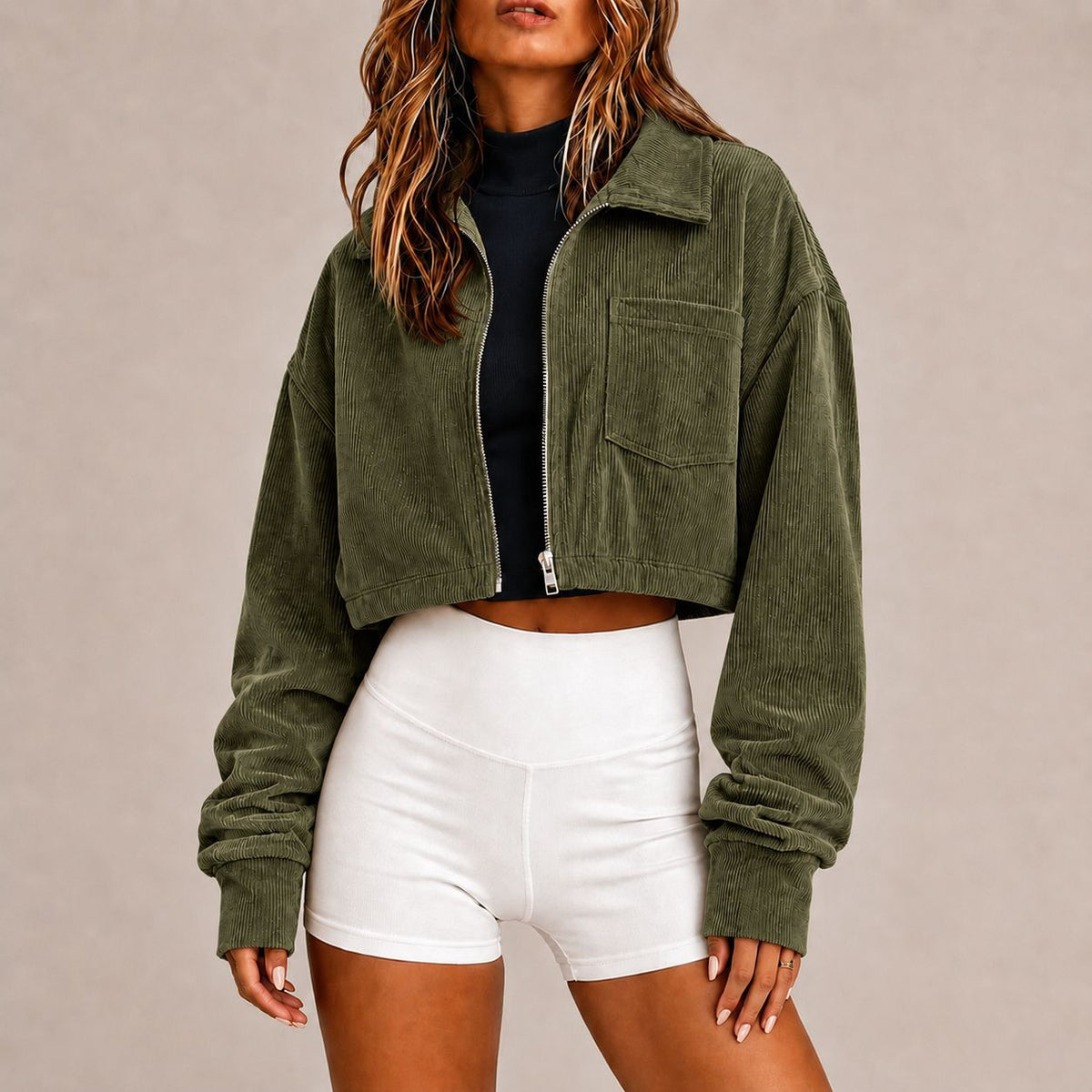 Corduroy Crop Jacket With Zip Front and Pockets - ArmyGreen
