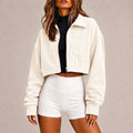 Corduroy Crop Jacket With Zip Front and Pockets - White