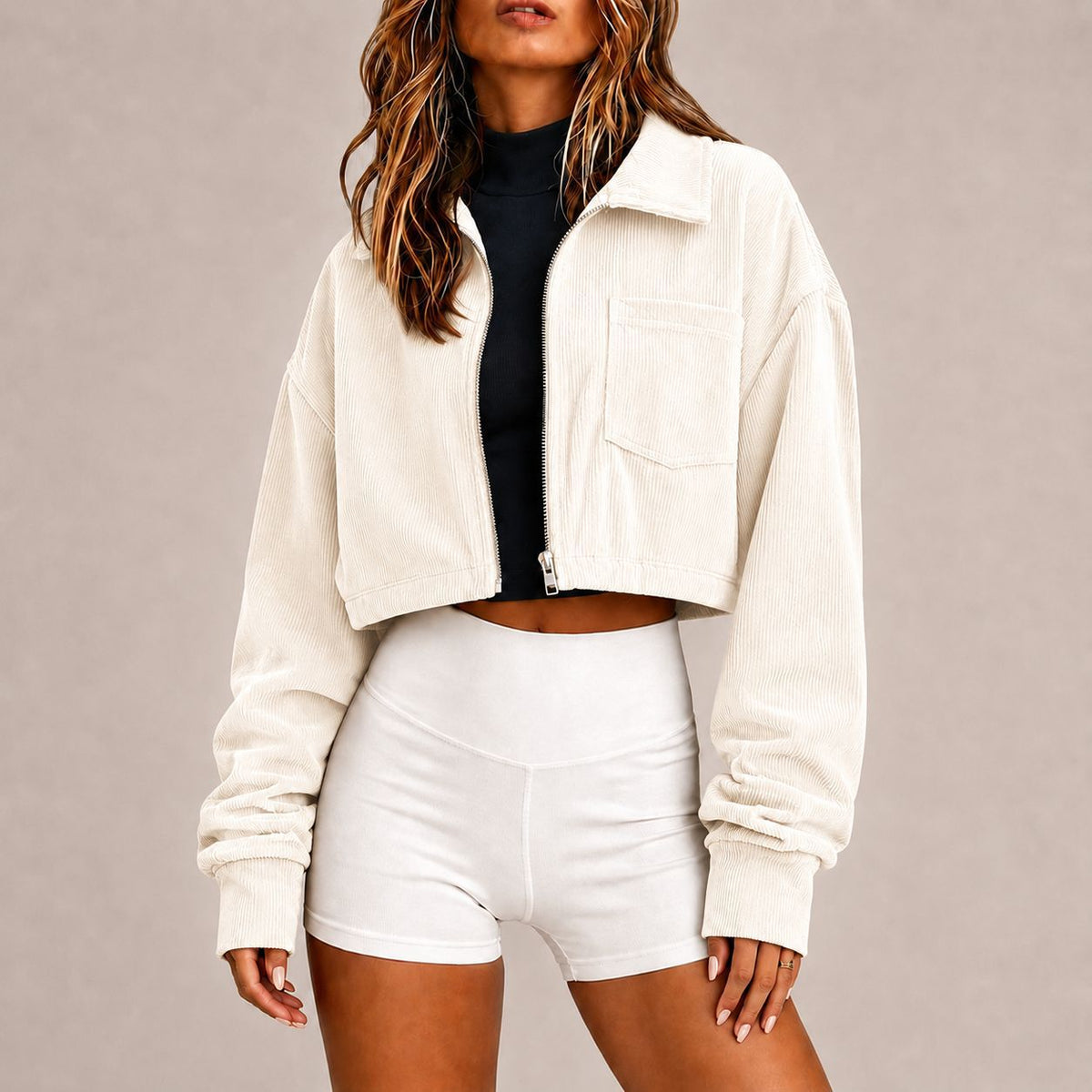 Corduroy Crop Jacket With Zip Front and Pockets - White