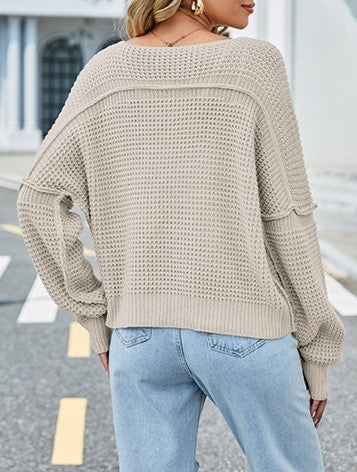 Slouchy Waffle Knit Drop Shoulder V Neck Sweater - Apricot - 2